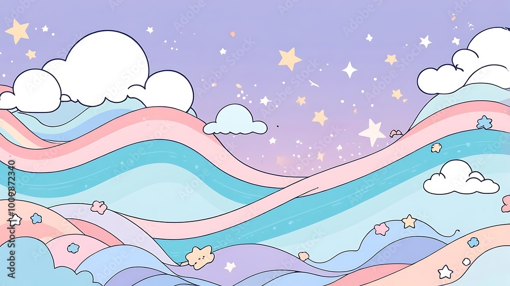 Cute Pastel Rainbow Sky with Stars and Clouds