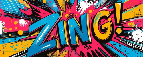 Playful pop art background featuring "ZING!" Dynamic visuals, Bold patterns, Colorful vector