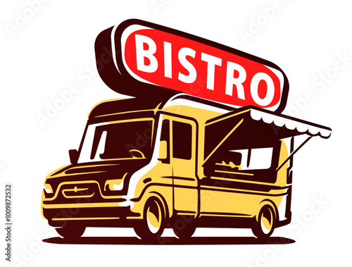 Food truck logo design, vector illustration. Bistro restaurant or cafe, fast street service emblem