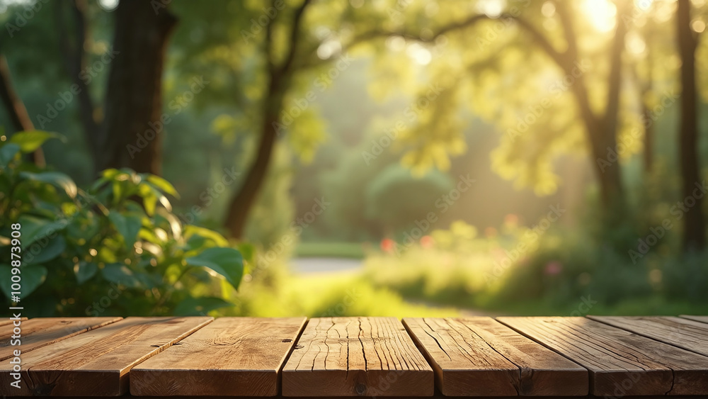 Fototapeta premium Wooden Surface with Lush Green Forest Background