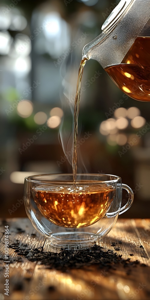 Fototapeta premium A steaming cup of tea is being poured from a glass teapot. Warm and inviting, this scene evokes a sense of comfort and relaxation.