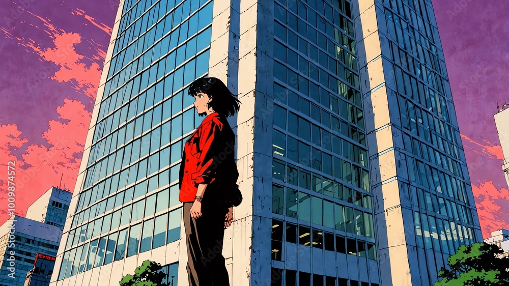 Fototapeta premium skyscraper exterior retro anime high-quality image and aesthetic finish background