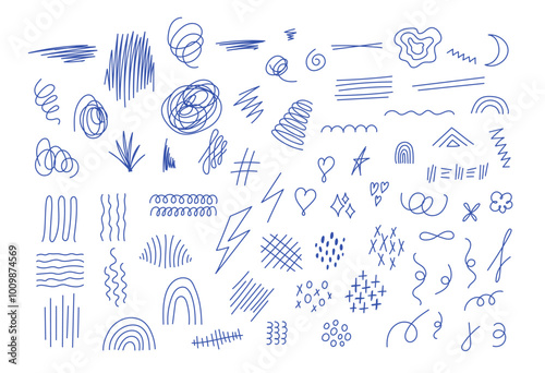 Various scribbles and squiggles vector set. Isolated hand drawn lines by blue ink pen. Funny doodle design elements, strokes, underlines, curves. Line shapes, rainbows, twirls and crosses