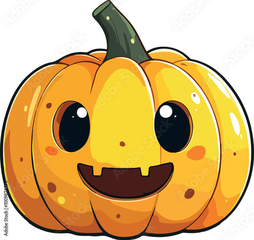 Cartoon-style illustration of a smiling pumpkin with big eyes and a cute toothy grin, symbolizing fun, cuteness, and Halloween spirit