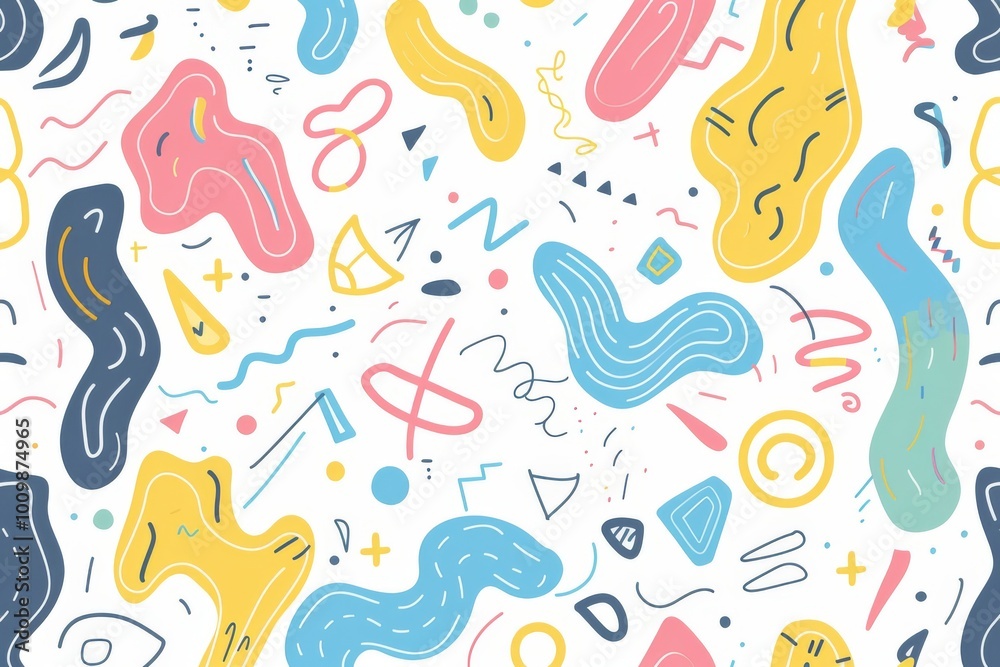 abstract pattern with various colorful, irregular shapes and lines in pastel colors like yellow, pink, blue, and green on a white background. The design is playful and dynamic.