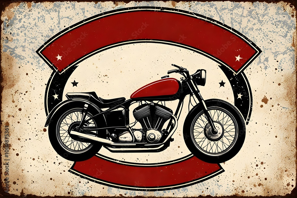 Fototapeta premium Custom garage label with vintage motorcycle engine, grunge aesthetic, rough textures, and gear elements
