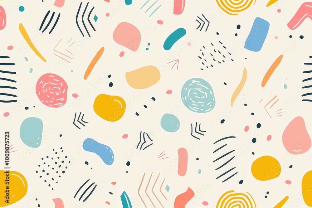 abstract pattern with various colorful, irregular shapes and lines in pastel colors like yellow, pink, blue, and green on a white background. The design is playful and dynamic. abstract pattern with various colorful, irregular shapes and lines in pastel colors like yellow, pink, blue, and green on a white background. The design is playful and dynamic.