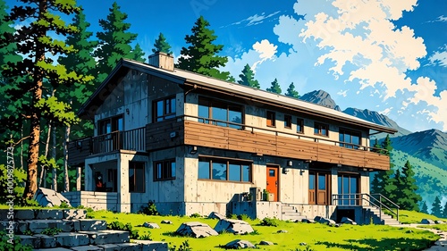 mountain lodge exterior retro anime high-quality image and aesthetic finish background photo