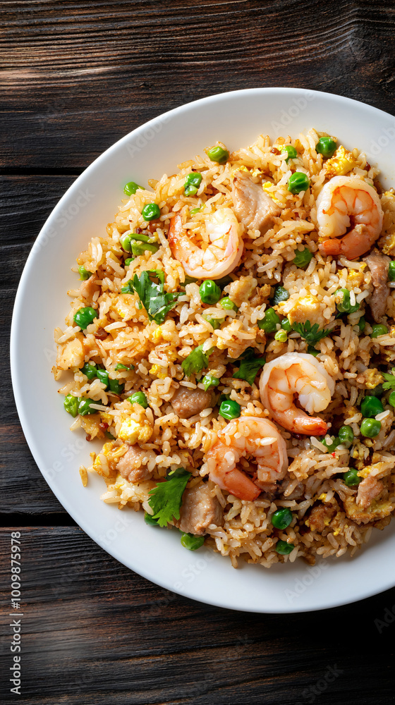 Appetizing fried rice with shrimp and veggies presented on a white plate on a rustic wooden table Appetizing fried rice with shrimp and veggies presented on a white plate on a rustic wooden table
