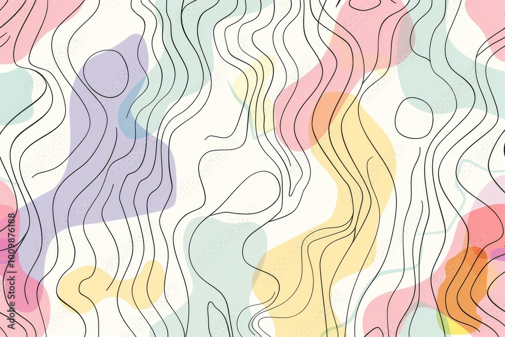 The image shows an abstract pattern with various colorful, irregular shapes and lines in pastel colors like yellow, pink, blue, and green on a white background. The design is playful and dynamic. The image shows an abstract pattern with various colorful, irregular shapes and lines in pastel colors like yellow, pink, blue, and green on a white background. The design is playful and dynamic.