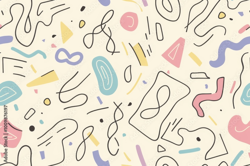 The image shows an abstract pattern with various colorful, irregular shapes and lines in pastel colors like yellow, pink, blue, and green on a white background. The design is playful and dynamic. The image shows an abstract pattern with various colorful, irregular shapes and lines in pastel colors like yellow, pink, blue, and green on a white background. The design is playful and dynamic.