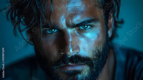 A close-up portrait of a man with a beard and piercing blue eyes, illuminated by a cool blue light.