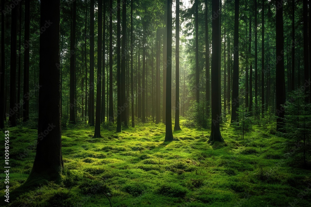 Naklejka premium Lush forest scene with sunlight filtering through tall trees onto a mossy ground.
