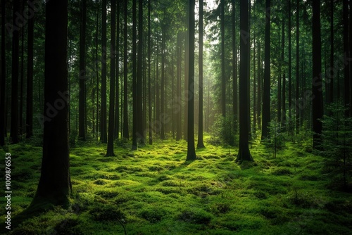 Lush forest scene with sunlight filtering through tall trees onto a mossy ground.