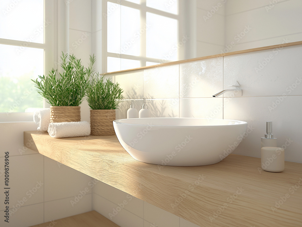 Elegance in White: Bathroom with Beautiful Ceramic Sink and Modern Fixtures