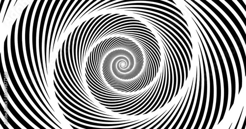 Moving hypnotic spiral. Psychedelic animated spiral and slow rotation. Black and white background with hypnotic expanding/collapsing spiral. Seamless loop. 
