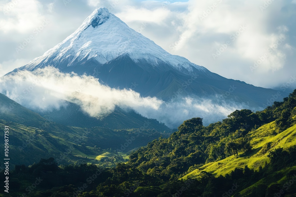 Naklejka premium Majestic snow-capped mountain surrounded by lush greenery and misty clouds.