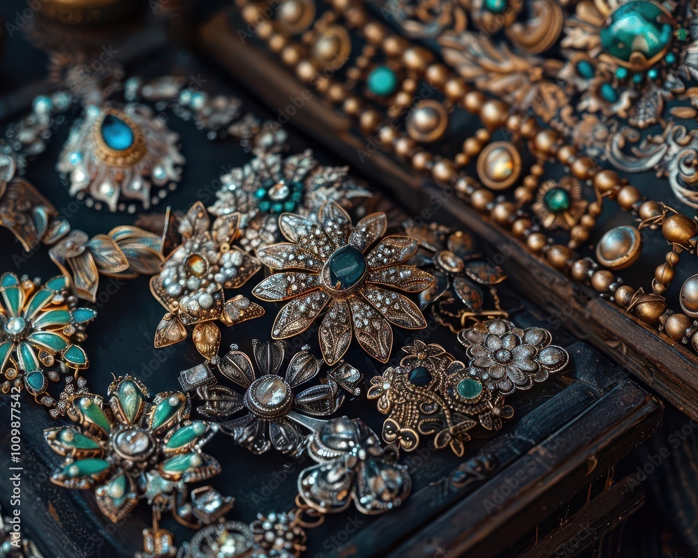 Obraz premium Vintage accessories with intricate designs, nostalgic and elegant, Artisan, Soft tones, Photograph, Handmade beauty