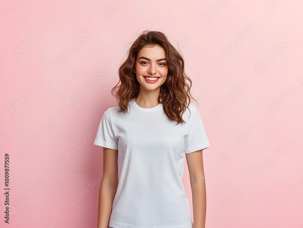 A young woman posing for a t-shirt mockup, wearing a blank , clean white shirt