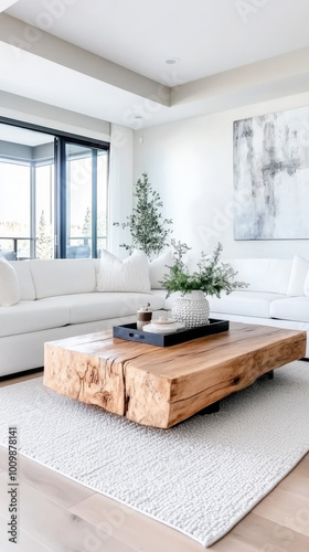 Rustic wooden coffee table in a modern living room.