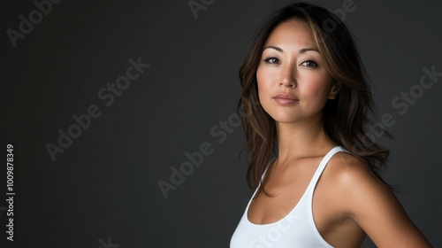 Health and Medicine Concepts - A woman wearing a white t-shirt in support of breast cancer.