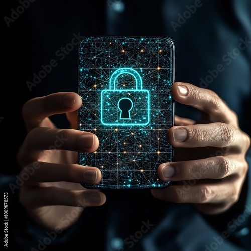 Cyber security internet and networking concept.businessman hand working with vr screen padlock icon and mobile phone and laptop computer. photo