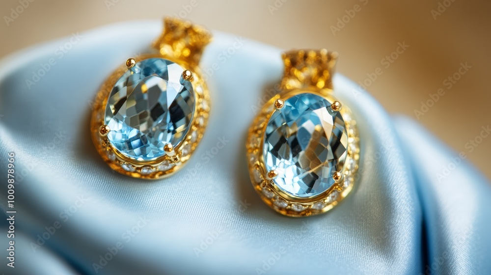 Gold Earrings with Sky-Blue Topazes on Satin Stand Gold Earrings with Sky-Blue Topazes on Satin Stand