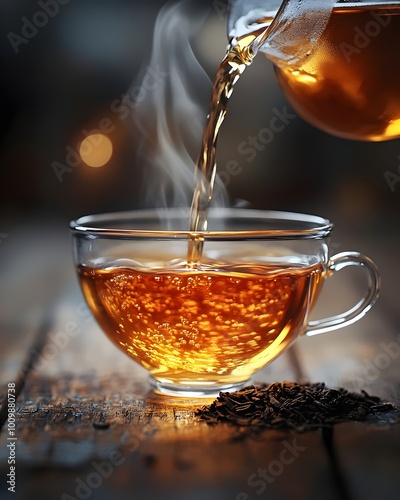 A warm cup of tea being poured, with steam rising from the cup and a pile of tea leaves nearby.  The perfect drink for a relaxing moment. photo