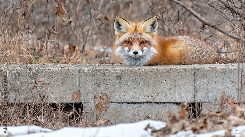 A close-up of a fox lying on a concrete wall amidst dry grass and trees A close-up of a fox lying on a concrete wall amidst dry grass and trees