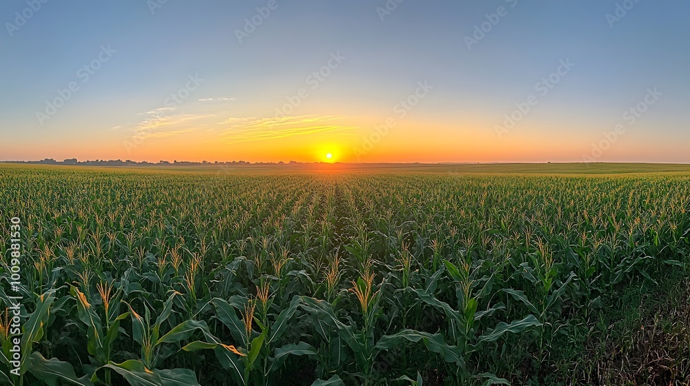 A beautiful sunrise over the cornfield, with tall green stalks of shiny yellow-white corn standing straight up in rows stretching to the horizon A beautiful sunrise over the cornfield, with tall green stalks of shiny yellow-white corn standing straight up in rows stretching to the horizon
