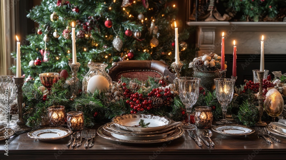 A beautifully arranged holiday table awaits guests, featuring glowing candles, elegant tableware, and festive decorations by a shimmering Christmas tree, enhancing the joyful atmosphere A beautifully arranged holiday table awaits guests, featuring glowing candles, elegant tableware, and festive decorations by a shimmering Christmas tree, enhancing the joyful atmosphere