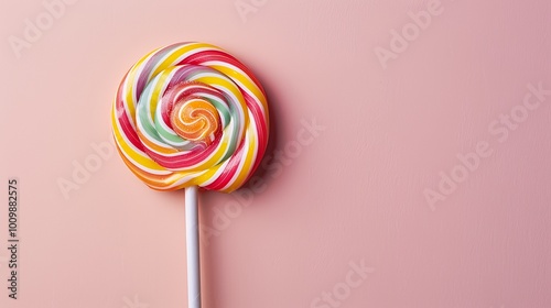 A colorful spiral lollipop against a soft pink background.