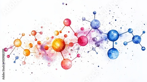 Stylized watercolor art depicting a seamless transition of molecular motifs from warm to cool colors, creating a soft yet vibrant image with artistic depth.