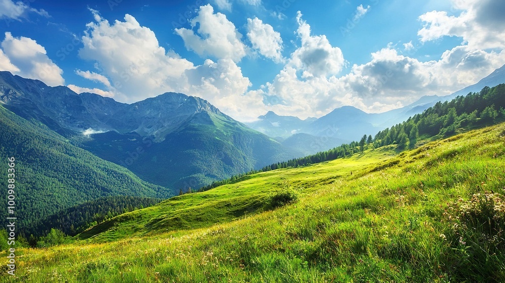 Fototapeta premium A lush green hillside, blanketed by sprawling green grass beneath a bright blue sky, dotted with fluffy white clouds and a handful of scattered, scattered, scattered, scattered,