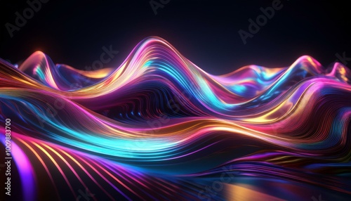 abstract fluid 3D natural render of a holographic, iridescent neon wave in motion on a dark background