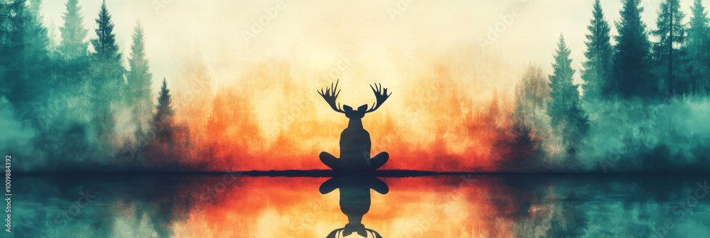 Silhouette of a moose meditating in a forest. Silhouette of a moose meditating in a forest.
