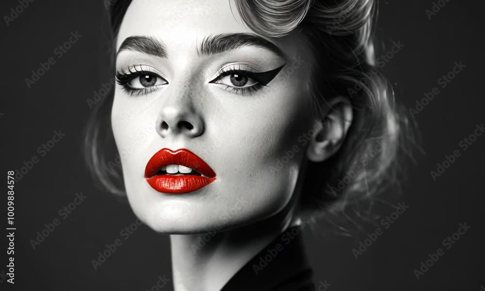 Elegant Black and White Portrait with Bold Red Lips Elegant Black and White Portrait with Bold Red Lips