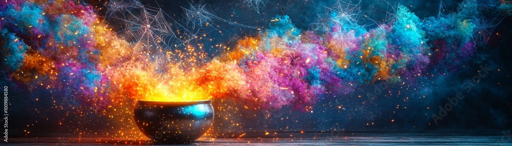 Enchanting Witch Stirring Glowing DIY Potion in Spooky Atmosphere - 3D Illustration with Cobwebs | Copy Space for Halloween Design Concepts Enchanting Witch Stirring Glowing DIY Potion in Spooky Atmosphere - 3D Illustration with Cobwebs | Copy Space for Halloween Design Concepts
