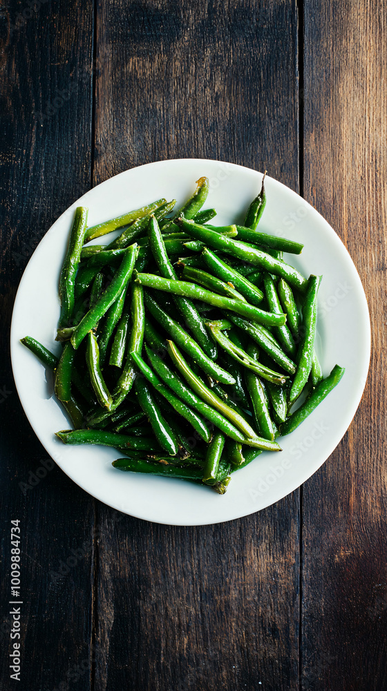 Steamed green beans seasoned with salt and pepper are served on a white plate over a rustic wood table