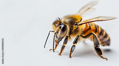 A close-up of a bee showcasing its detailed features and textures.