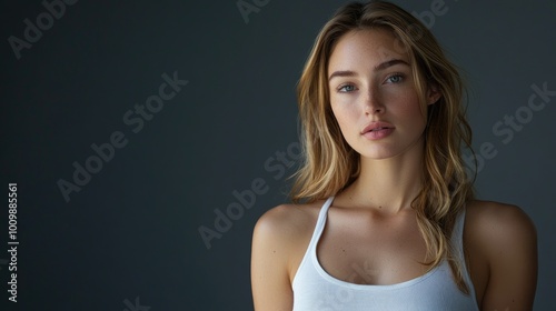 Health and Medicine Concepts - A woman wearing a white t-shirt in support of breast cancer.