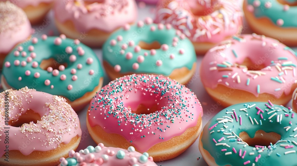 A photo of a variety of colorful doughnuts, adorned with pink, blue, and green frosting and sprinkles A photo of a variety of colorful doughnuts, adorned with pink, blue, and green frosting and sprinkles