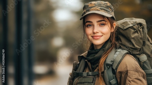 Cheerful female soldier returned home