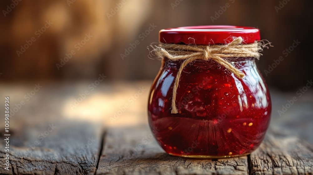 A glass jar filled with red jam, sealed with a red lid and tied with a string.