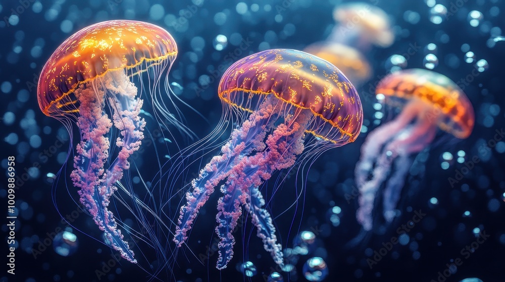 A group of jellyfish with bubbles in the sea. Generative AI A group of jellyfish with bubbles in the sea. Generative AI