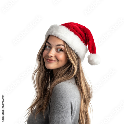 Beautiful Attractive Woman Wavy Hair Wearing Christmas Santa Hat Isolated on Transparent Background