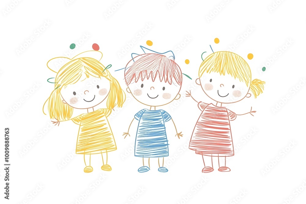 Three happy children smiling together, drawn in a colorful and playful style. Perfect for projects related to childhood, friendship, or education. Three happy children smiling together, drawn in a colorful and playful style. Perfect for projects related to childhood, friendship, or education.