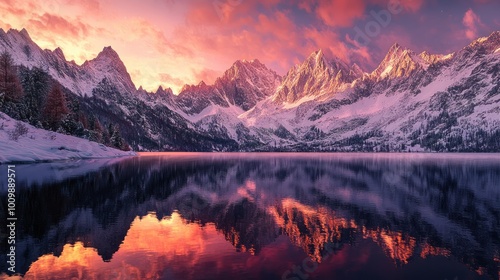 Snowy Mountain Reflection in Still Lake at Sunset