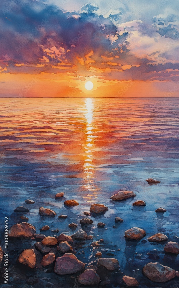 Obraz premium Watercolor sunset over the ocean, with rocks in the foreground, an orange and red sky