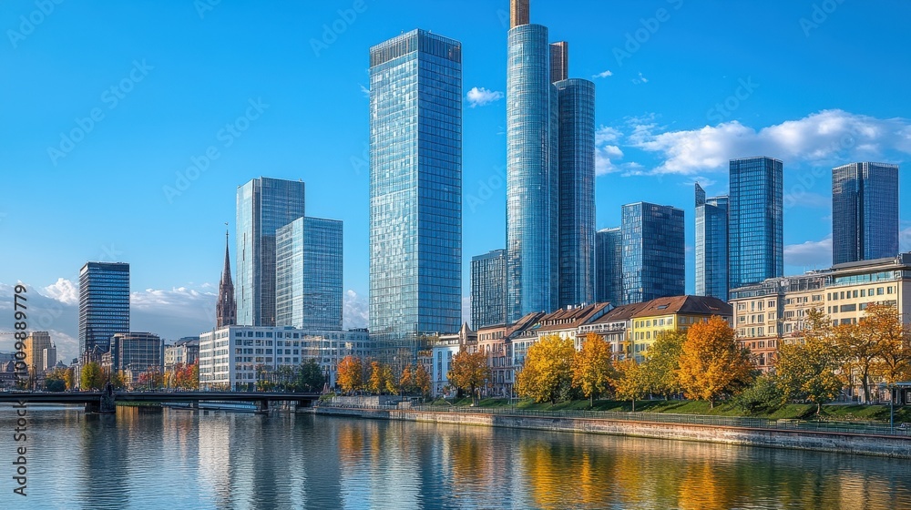 A modern urban skyline with tall skyscrapers, some of which have glass facades reflecting the surrounding environment. In the foreground, there's a large building with a predominantly glass exterior A modern urban skyline with tall skyscrapers, some of which have glass facades reflecting the surrounding environment. In the foreground, there's a large building with a predominantly glass exterior